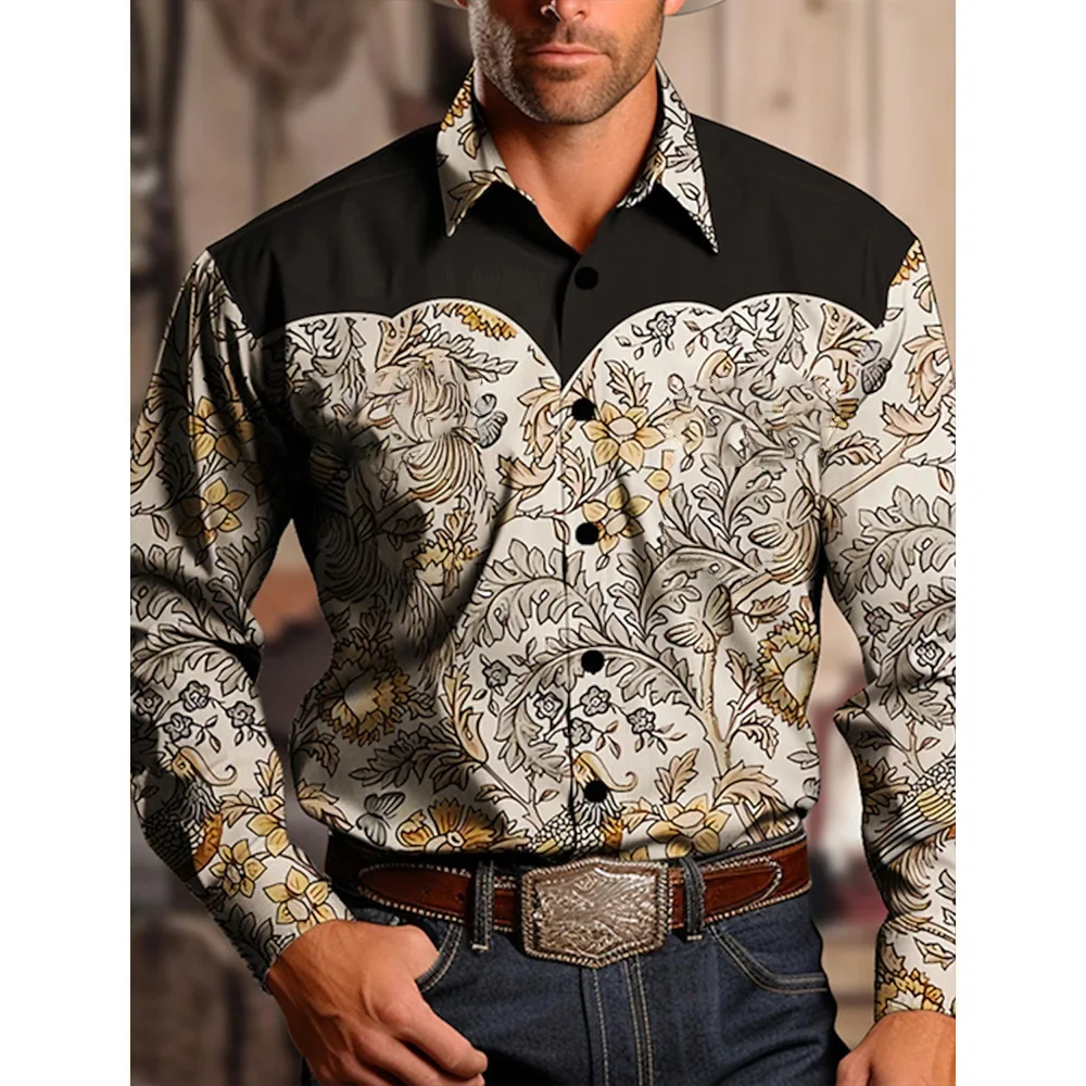 Men's Yellowstone Western Denim Shirt Two-tone patchwork pattern Men's roll-down button top Stylish casual long-sleeved shirt