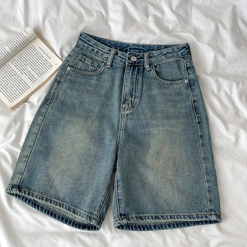 Retro Denim Shorts Frauen Sommer hohe Taille lose weites Bein gerade kurze Hosen vielseitige lässige halbe Hosen weibliche Streetwear