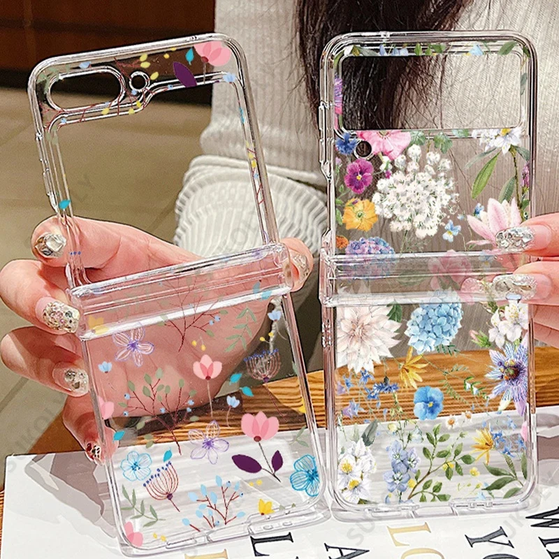 Funda de teléfono plegable transparente Floral para Samsung Galaxy Z Flip 6 5 4 3, funda trasera dura para Samsung Galaxy Z Flip6 Flip5 Flip4