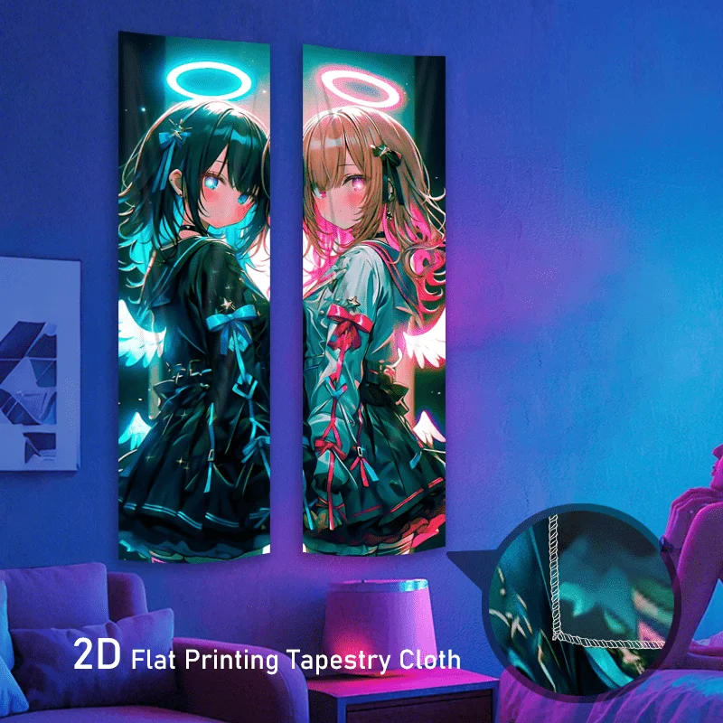 2D Flat Anime Style Angelic Girl with Halo Vertical Tapestry, Illustrative Anime Character Wall Art for Home Party Decor, Comes