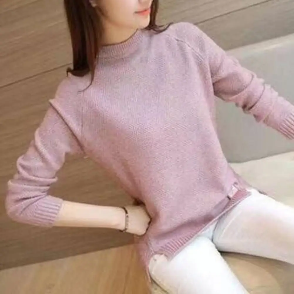 Women Round Neck Top Long Sleeve Slit Hem Blouse Women's Round Neck Long Sleeve Knit Sweater with Slit Hem Loose for Bottoming