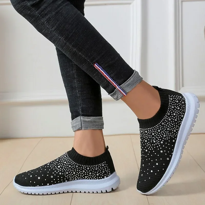 Rimocy Crystal Breathable Mesh Sneaker Shoes for Women Comfortable Soft Bottom Flats Plus Size 43 Non Slip Casual Shoes Woman