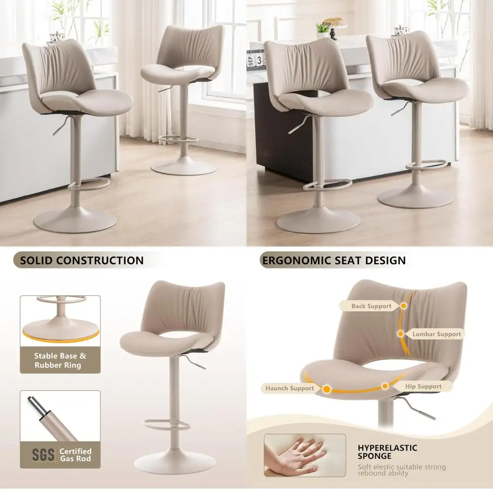 Pair of Modern Swivel Bar Stools: Adjustable Counter Height with Backrest, Footrest, and Metal Base, Faux Leather Seat