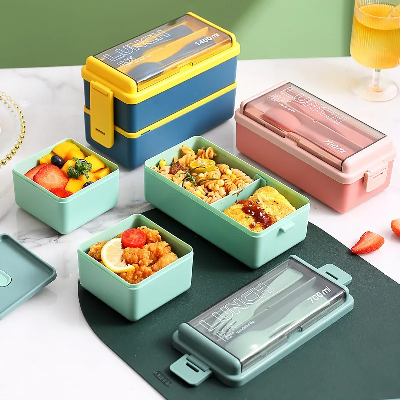 

Double-Layer Lunch Box with Cutlery Compartment, Microwave Bento, Food Storage Container, Student, Office Worker