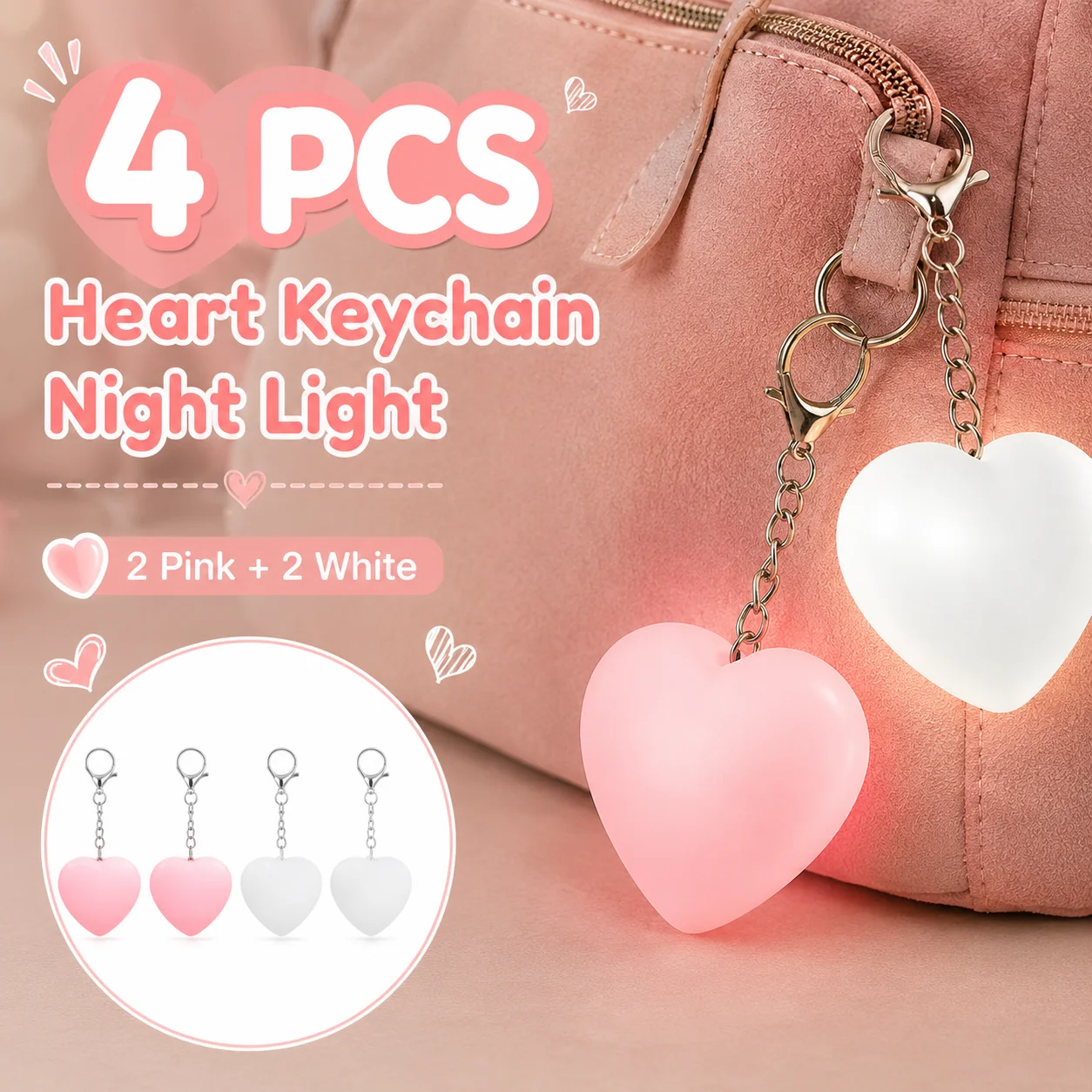 4 Pcs Heart‑Shaped Keychain Night Light (2 Pink + 2 White), Cute Portable Hanging Ornament, Rechargeable Touch‑Sensor Lamp