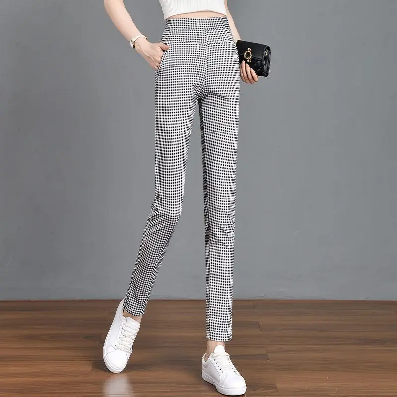 Korean Fashion Women Clothing Pencil Pants Spring Summer Casual Black White Plaid New Elastic High Waist Slim Straight Trousers