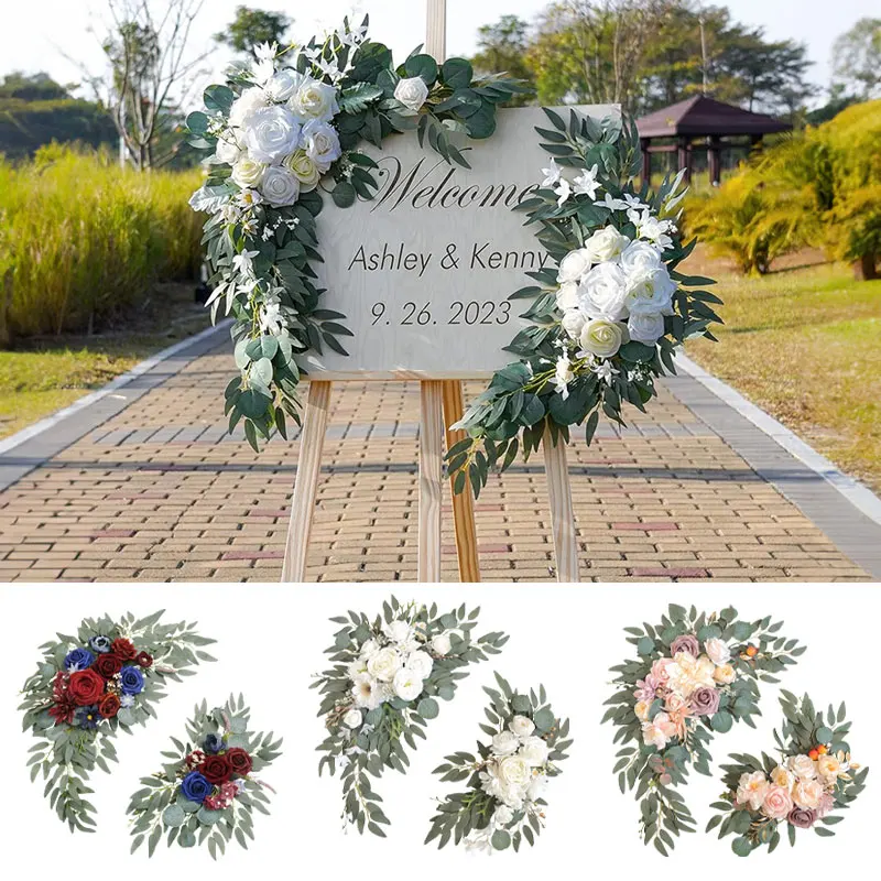 

2PCS Artificial Wedding Arch Flowers Kit Flowers Champagne Garland Willow Boho Wedding Decor Welcome Sign Backdrop Arch Decor