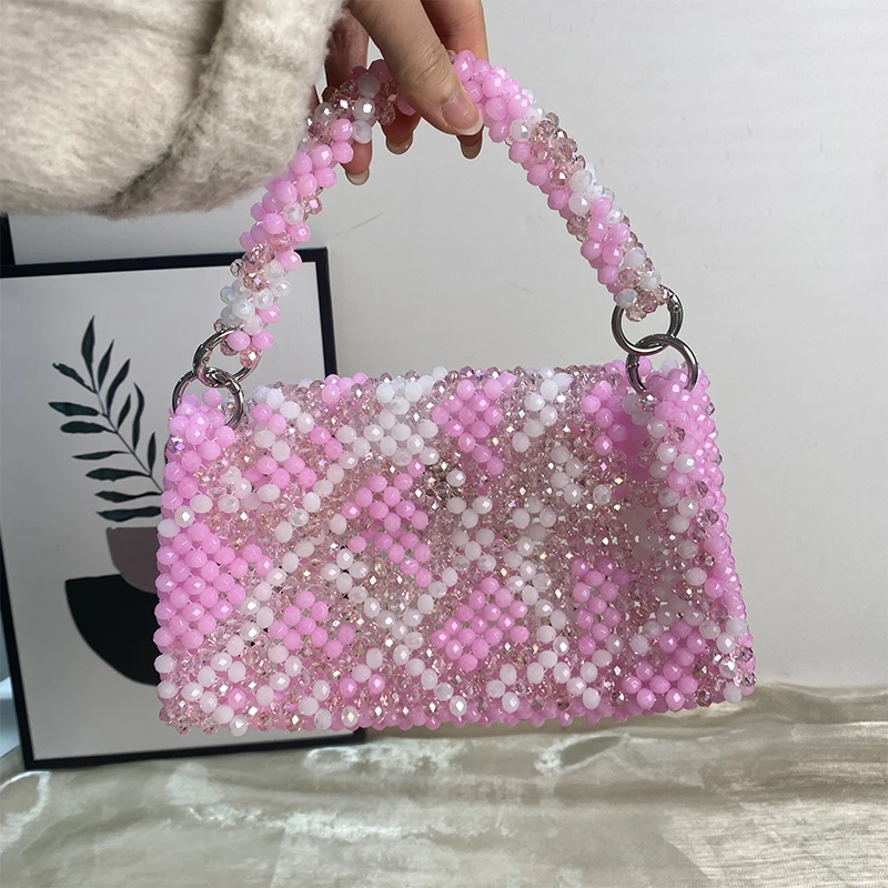 Women's High-end Texture Shiny Crystal Bag New Bead Small Square Bags Flip Up Banquet Heavy Industry Design Handbag Customized