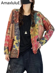 Amax luluE Chinese Womens Fashion Printed V-Neck Sweaters Winter Loose Casual Cardigans Ladies Oversized Floral Knitted Clothing