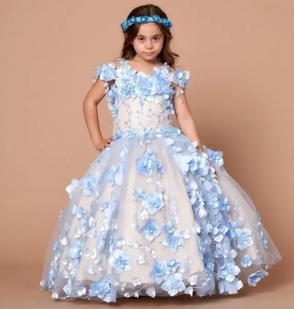 Blauwe Mini Quinceanera Jurken Mexicaanse Baljurk Tule Bloemenbloemenmeisje Jurken Voor Bruiloften Optocht Jurken Kids Baby