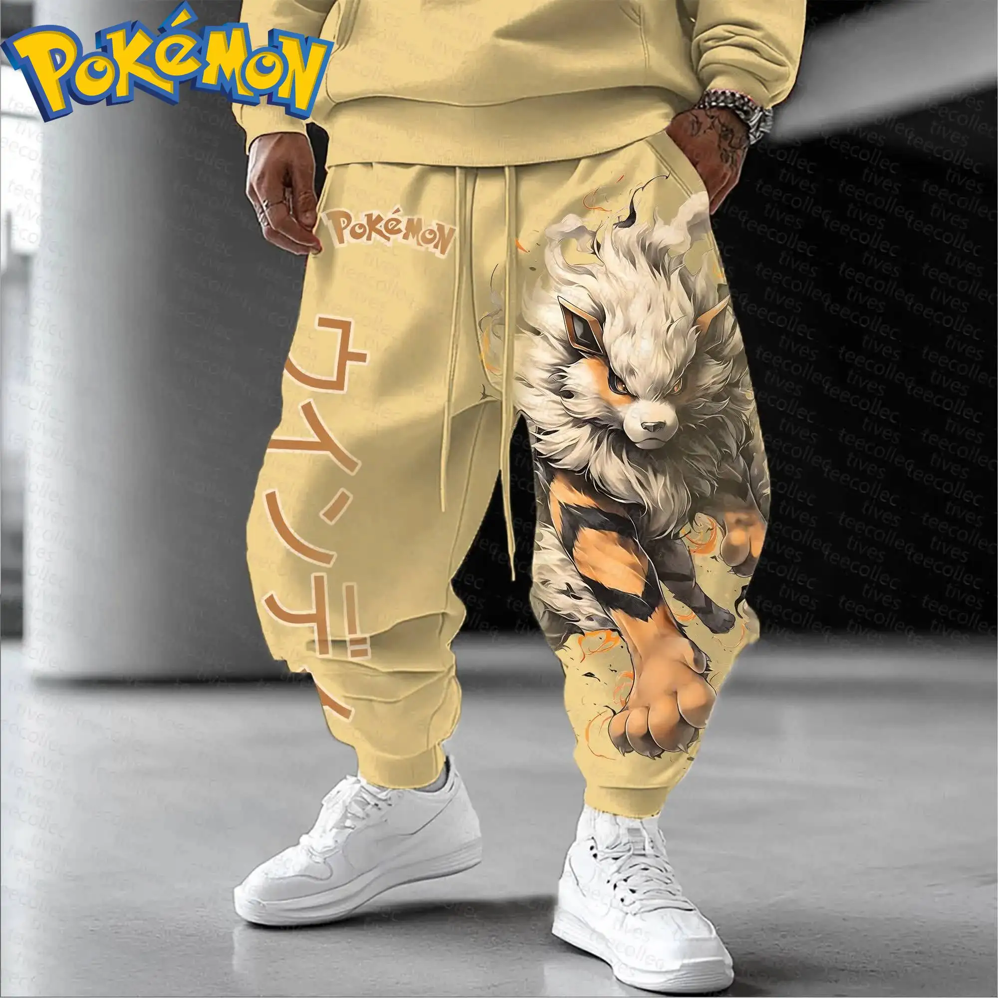 Pokemon Anime Flareon sweat à capuche en coton Harajuku pantalon ensemble Beige caractère imprimé avec motif de fourrure de flamme Orange tenue deux pièces