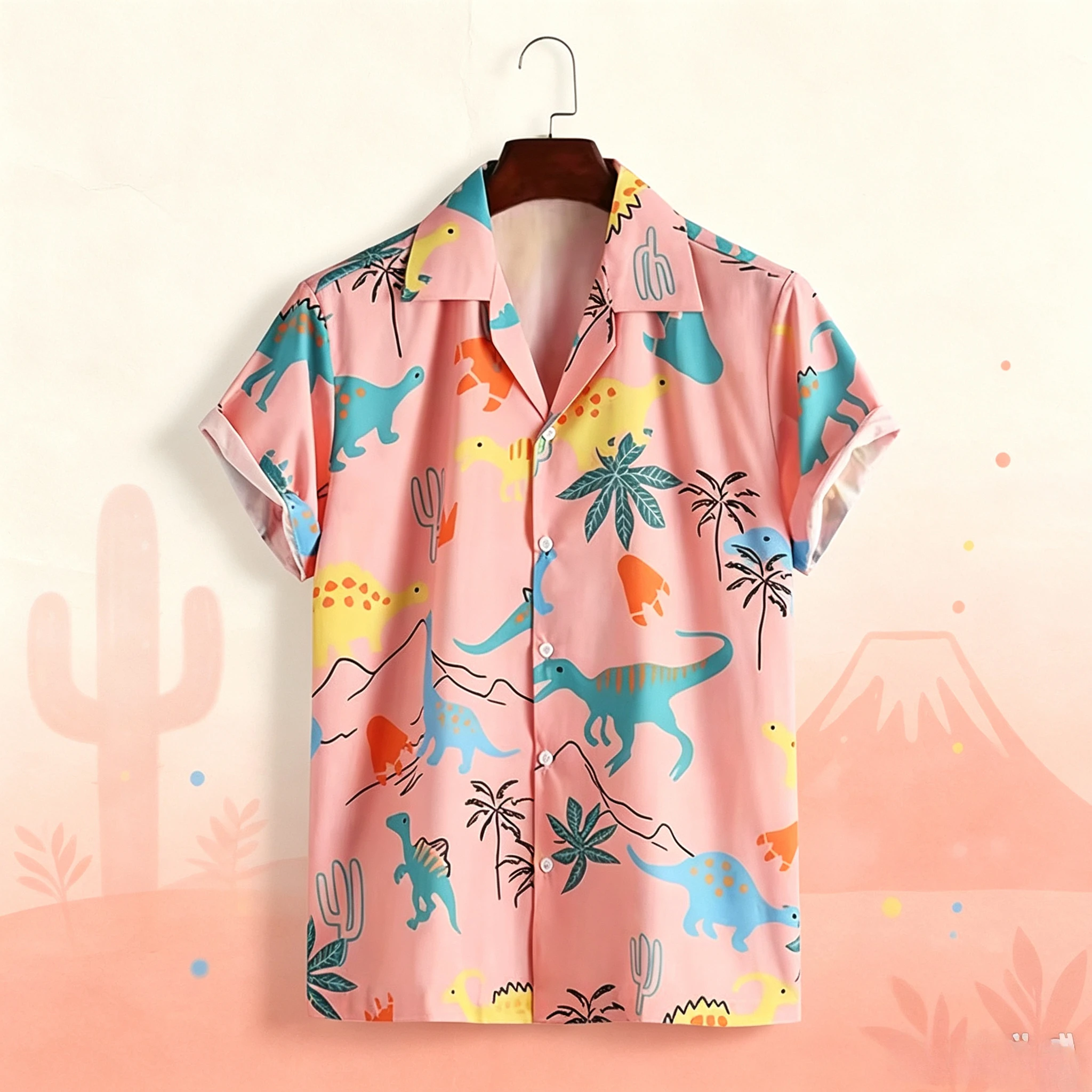 Men Pink Dinosaur Cactus Palm Tree Print Hawaiian Shirt Lapel Short Sleeve Button‑Down Loose Casual Summer Vacation Tropical