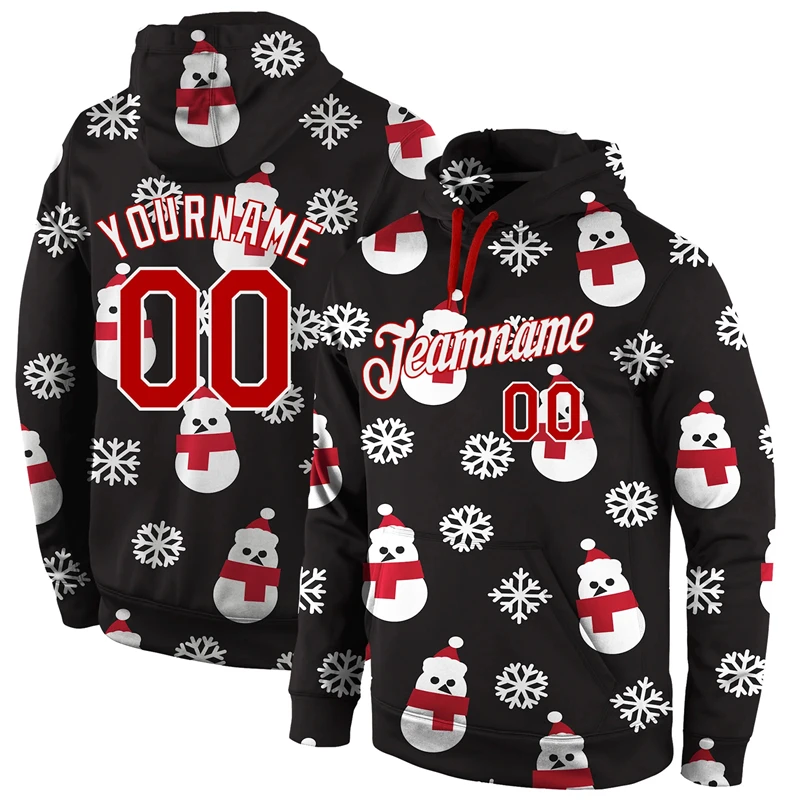 Sudadera con capucha con figura personalizada y nombre del equipo con temática navideña, jersey de manga larga, sudaderas con capucha de gran tamaño, sudadera con estampado de muñeco de nieve y Papá Noel