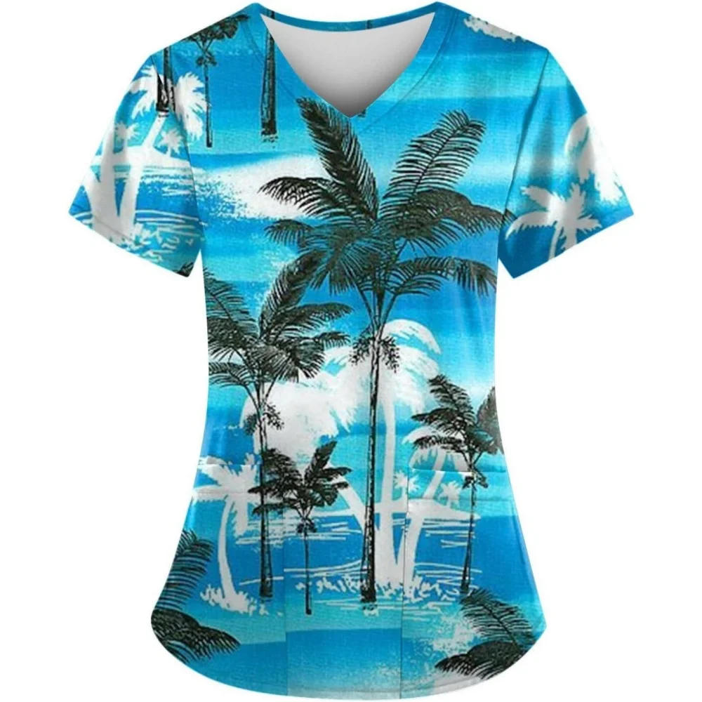 Uniformes cirúrgicos mulher coqueiro padrão 3d com decote em v bolso uniforme clínico mulher dos desenhos animados enfermagem manga curta esfrega mulher