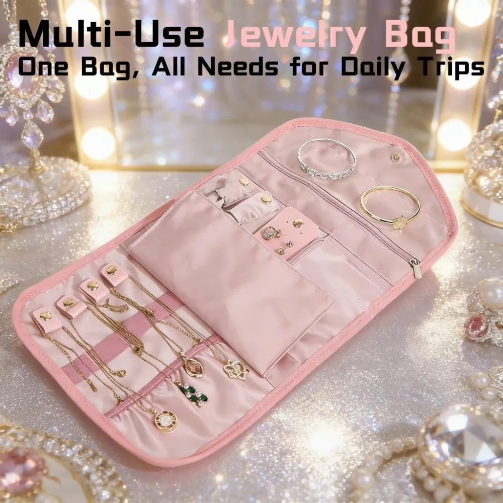 Portable Jewelry Case Adjustable Height Foldable Design Jewelry Roll Bag Multifunctional Storage Travel Storage Bag