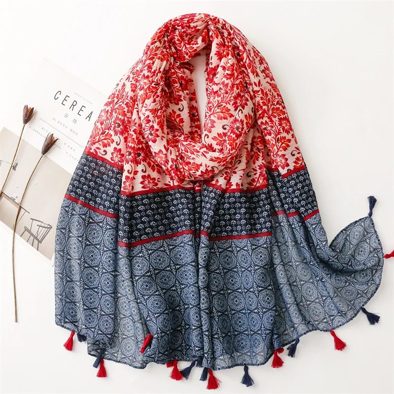Frauen Mode böhmischen Blumen Patchwork Quaste Viskose Schal Schal Dame drucken weichen Wickel hals Snood Bufanda muslimischen Hijab 180*90cm