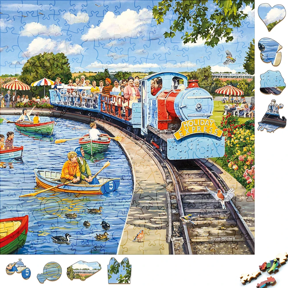 Funny Wooden Puzzles Amusement Park Train Wood Jigsaw Puzzle Craft Irregular Family Interactive Puzzle Gift for Friend Game Toy