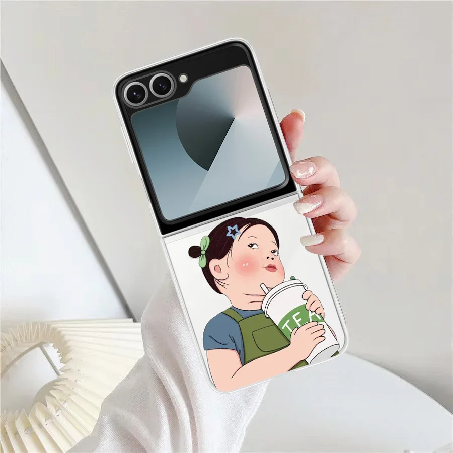 Cute Kawaii Aesthetic Chubby Girl Pattern Cover Case For Samsung Galaxy Z Flip6 Flip5 5G Hard PC Clear Shell Cases Flip 3 4 5 6