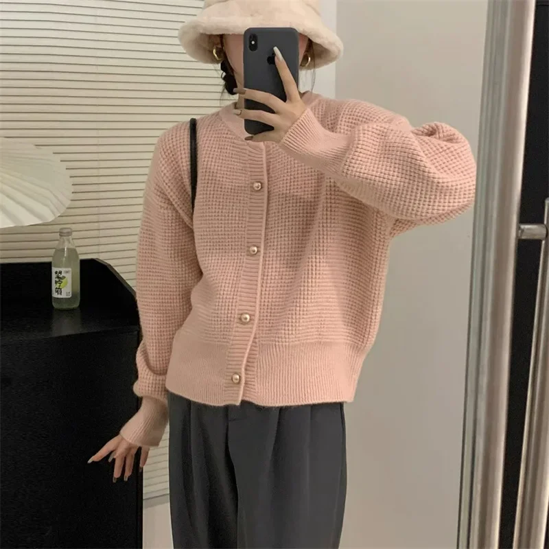 

Женский трикотажный однобортный Кардиган, короткий свитер с круглым вырезом и длинным рукавом, повседневная одежда для весны и осени