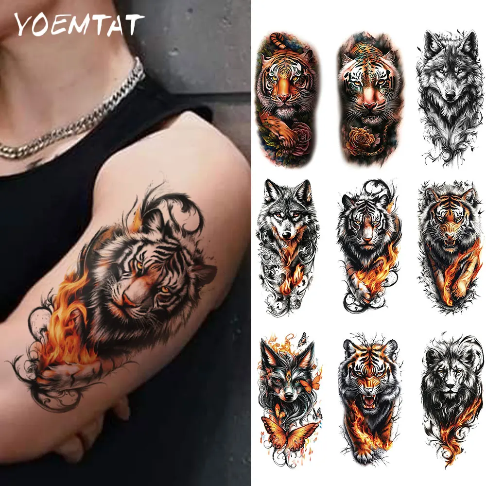 Waterproof Temporary Tattoo Sticker Colorful Animal Tiger Lion Wolf Fox Flame Rose Body Art Arm Fake Tattoos Sleeve Women Men