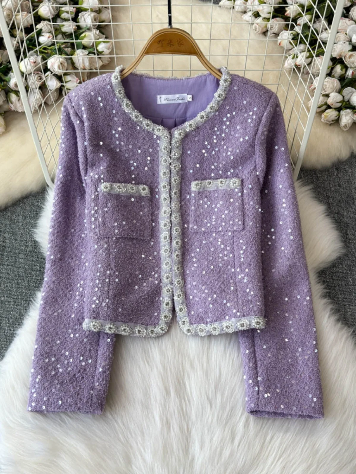 

Ele iny Sequin Set Women's Faion Winter Heavy Embellied Outerwear Skirt Long Sve Button up round Ne Two P...