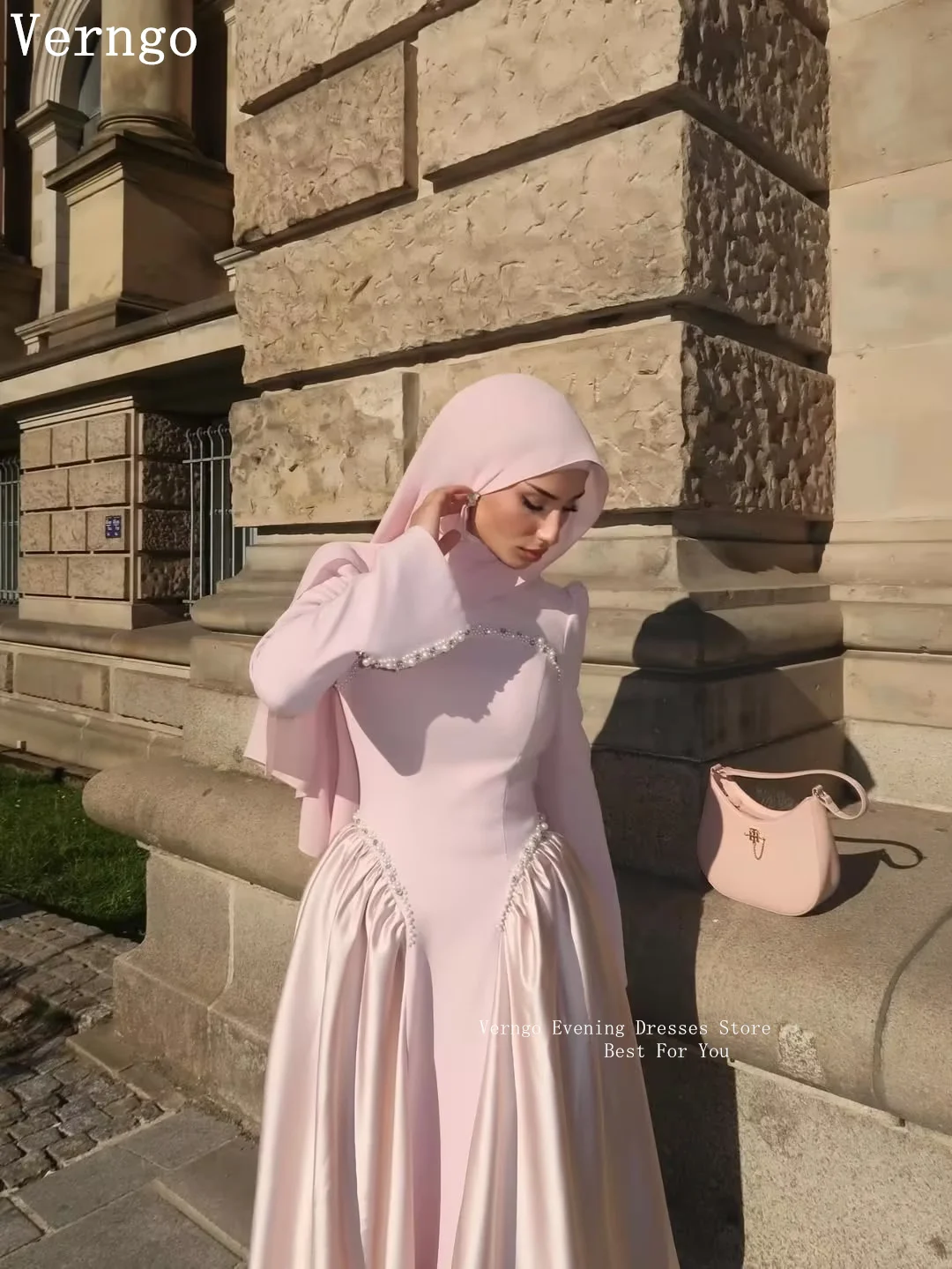 

Verngo Blush Pink Crepe Evening Dress Beadings O Neck Full Sleeves Modest Party Gowns Full Sleeves Mulism Prom Dress Customized