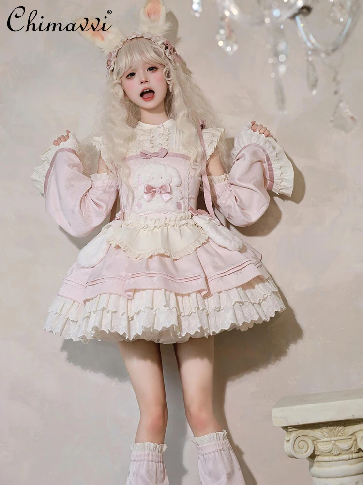 

Pink Lolita Tutu Cos Dress Daily Dress Sweet Cute Doll Feeling High Waist Kawaii Lo Dress Girls Women Elegant Y2k Mini Dresses