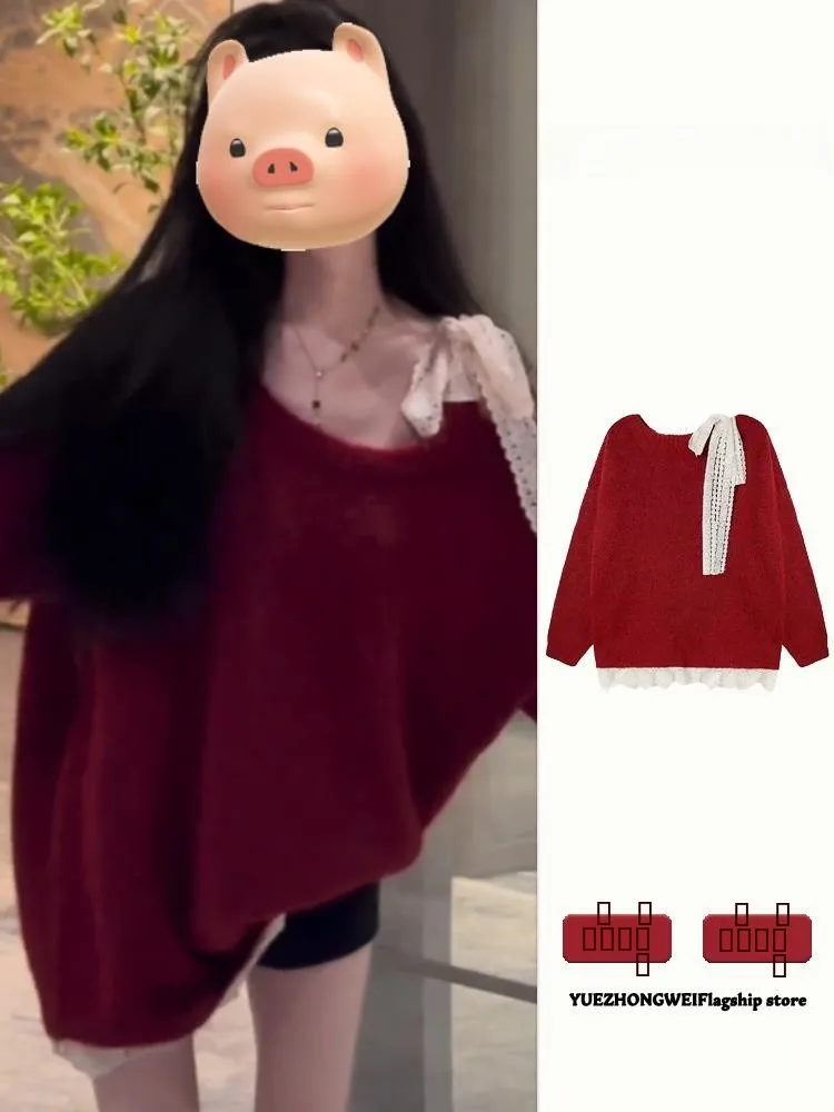 

Красный кружевной свитер с узлом, женский осенне-зимний вязаный топ Lazy Sle, новогодняя одежда со знаком зодиака, непромокаемая и прочная