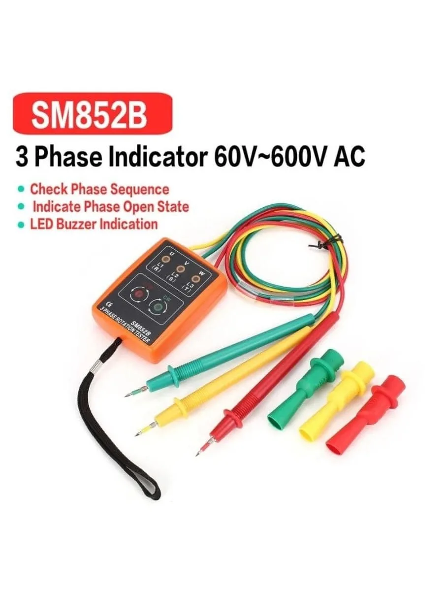 SM852B 3 Phase Rotation Tester Digital Phase Indicator Detector LED Buzzer Phase Sequence Meter Voltage Tester 60V~600V ACSM852B