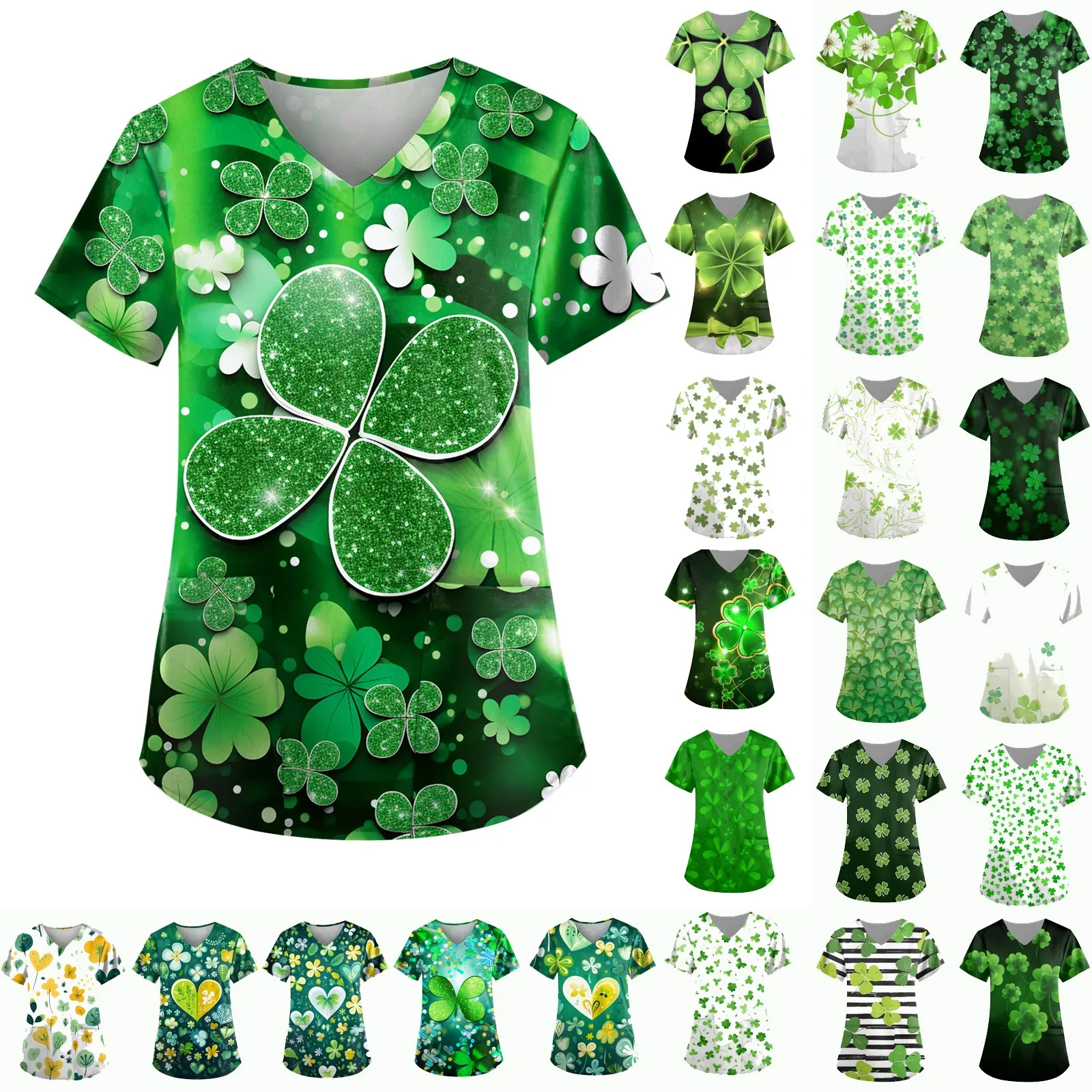 Short Sleeve Blouse St. Parklett's Day Clovers Print Scrub Tops Pet Groming Veterinaria Working Clothes Top Women Nurse Uniform