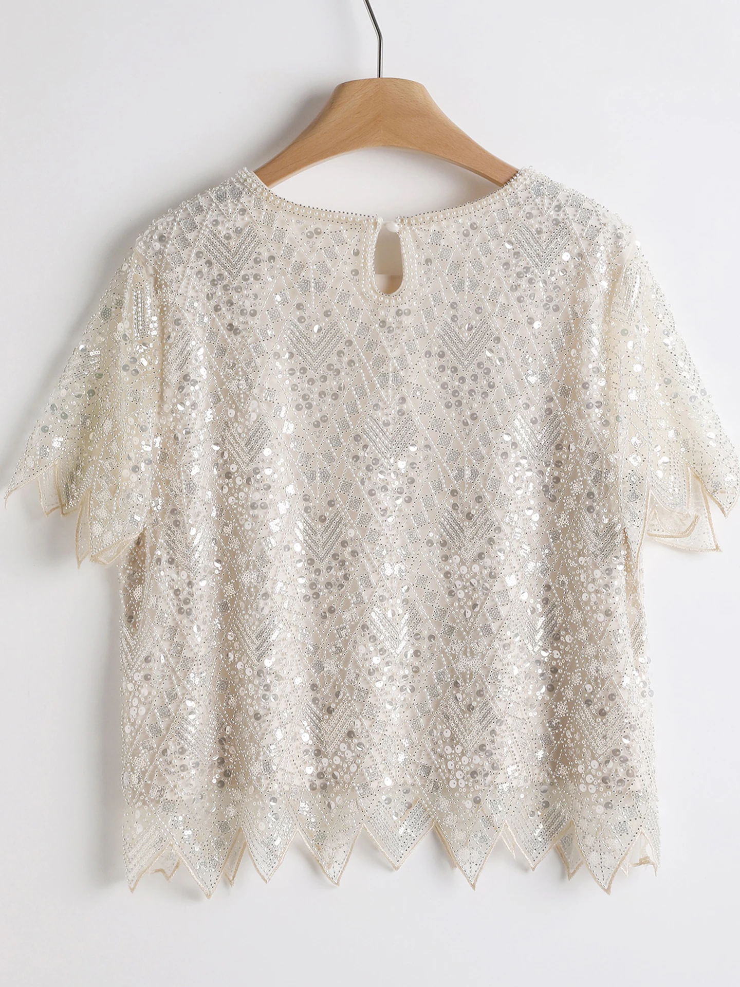 Shiny Sequin Women's Elegant Handmade Pearl Fringed Party Top - Black Casual Fashion Short-Sleeved Shirt, Suitable for All Seaso
