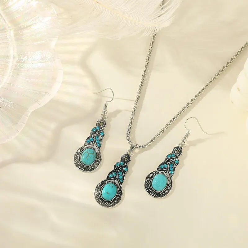 3pcs Necklace Earrings Set For Men And Women Vintage Style Blue Crystal Inlaid Turquoise Pendant With Lantern Chain Jewelry image 3