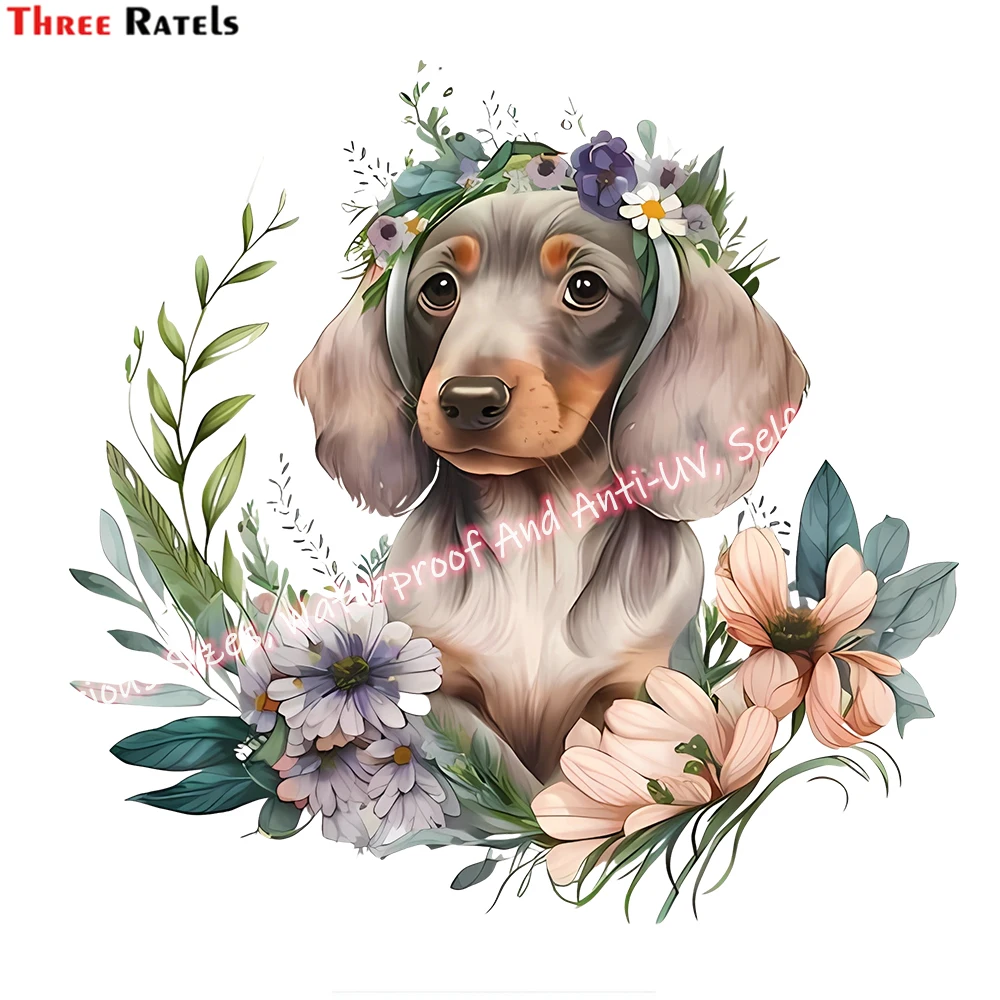 Three Ratels M52 Cute Floral Dachshund Puppy Dog Wall Stickers Home Decoration 3D Adhesive Wallpaper