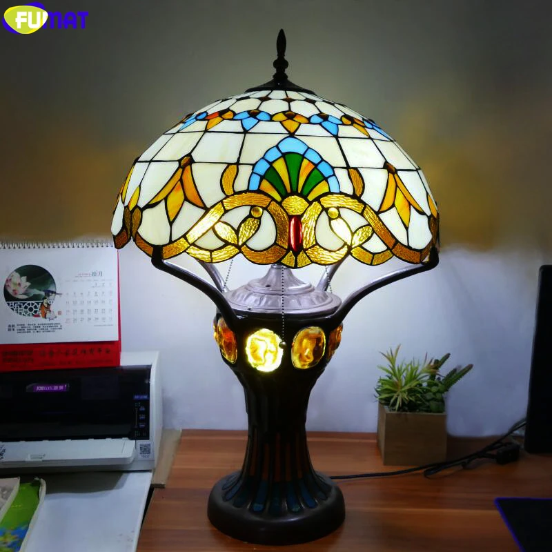 

FUMAT Tiffany Style Cherry Grape Dragonfly Baroque Stained Glass Talbe Lamp Lash Desk Light Rare Mosaic Turtleback Alloy Base