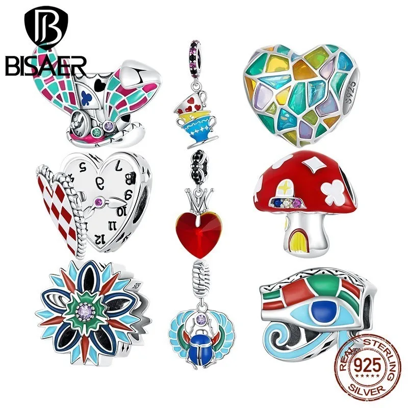 BISAER 925 Sterling Silver Charms Rabbit Ear Magic Hat Teacup Heart Clock Pendant Fit DIY Making Bracelet Necklace Jewelry Gift