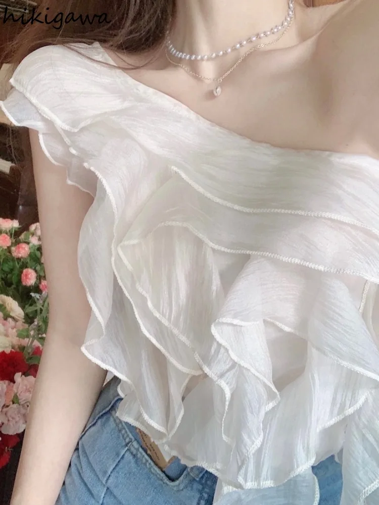 2024 Blusas De Mujer Summer Blouse for Women Off Shoulder Chiffon Crop Tops Sweet Ruffles Solid Color Sexy Blouses Shirts 27v089