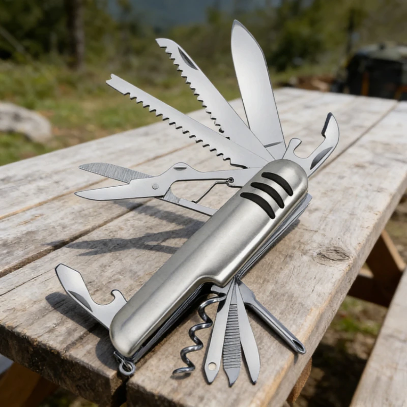 New Portable 11in1 Fold Pocket Knife Stainless Steel Bottle Opener Cork Drill Carry Around Multifunction Outdoor Emergency Tool