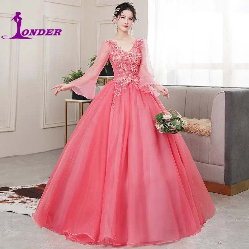 Quinceanera Kleider 2022 Vestidos Die Party Prom V-ausschnitt Langarm Ballkleid Luxus Spitze Appliques Quinceanera Kleid Host Kleid