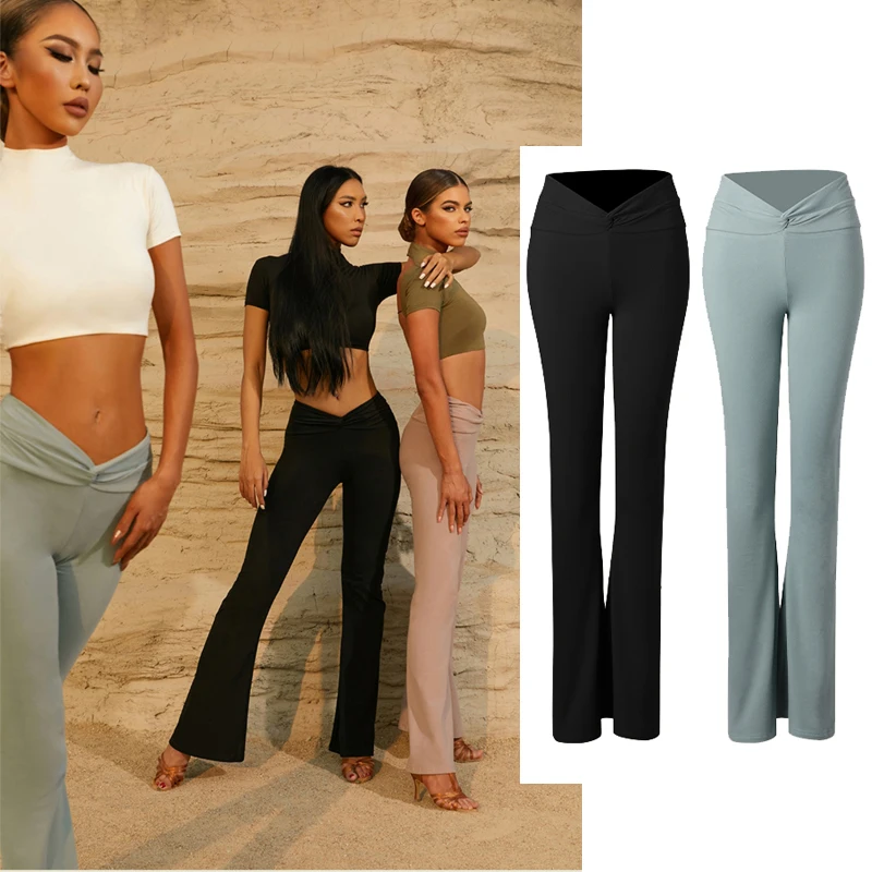 Latin Dance Pants For Women Hollow Out Waist Sexy Cha Cha Tango Ballroom Dance Clothes Competition Wear Flare Trousers DNV17611