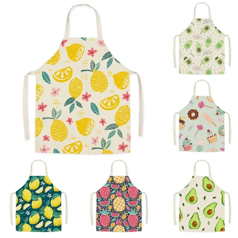 Linen Work Apron Summer Orange Lemon Print Fruit Pattern Adult Parent-Child Sleeveless Apron Kitchen Cooking Accessories Mandil