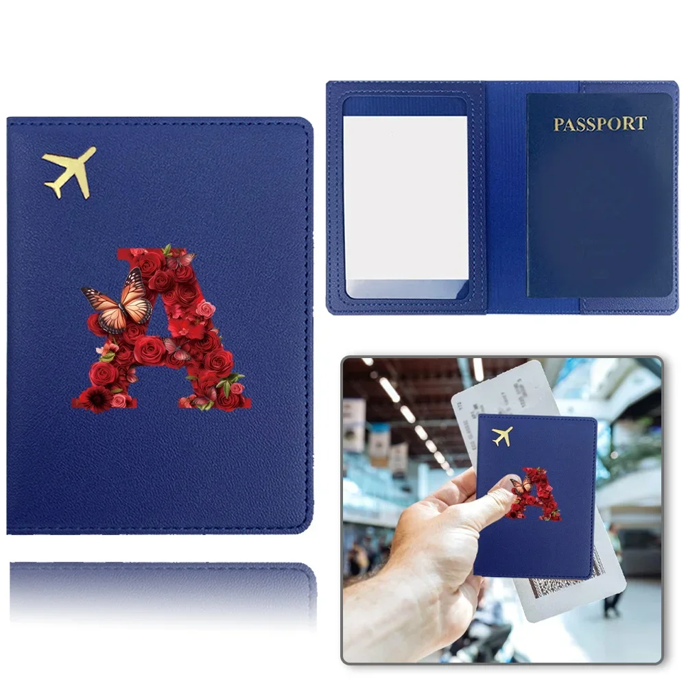 Pu Passport Case Airplane Travel Passport Cover Business Passport Clip Fashion Bank Card Organizer Cover Red Rose Letter Pattern