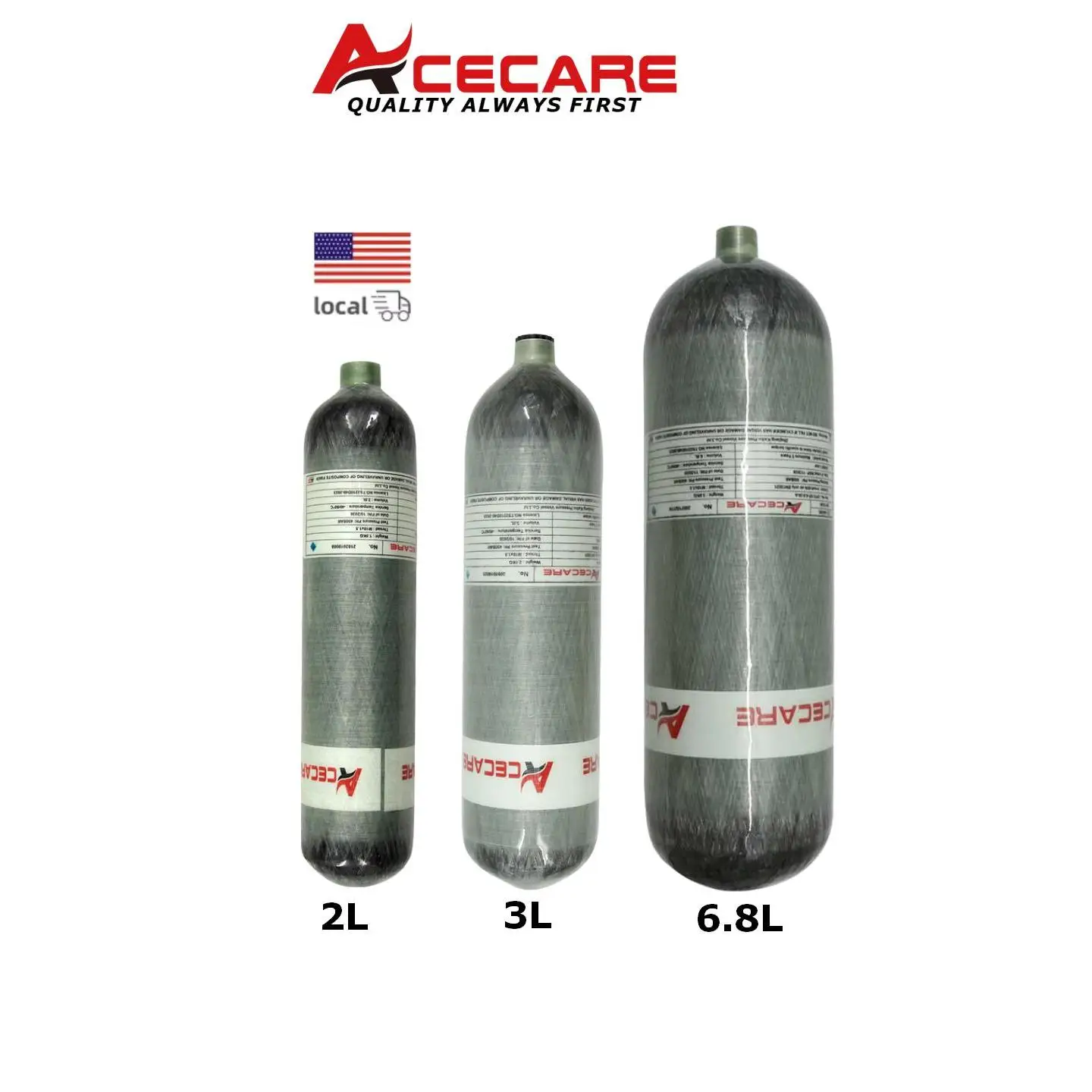 ACECARE 4500Psi 300Bar 30Mpa 6.8L/3L/2L Carbon Fiber Cylinder High Pressure Tank HPA Air Bottle for Diving Scuba M18*1.5