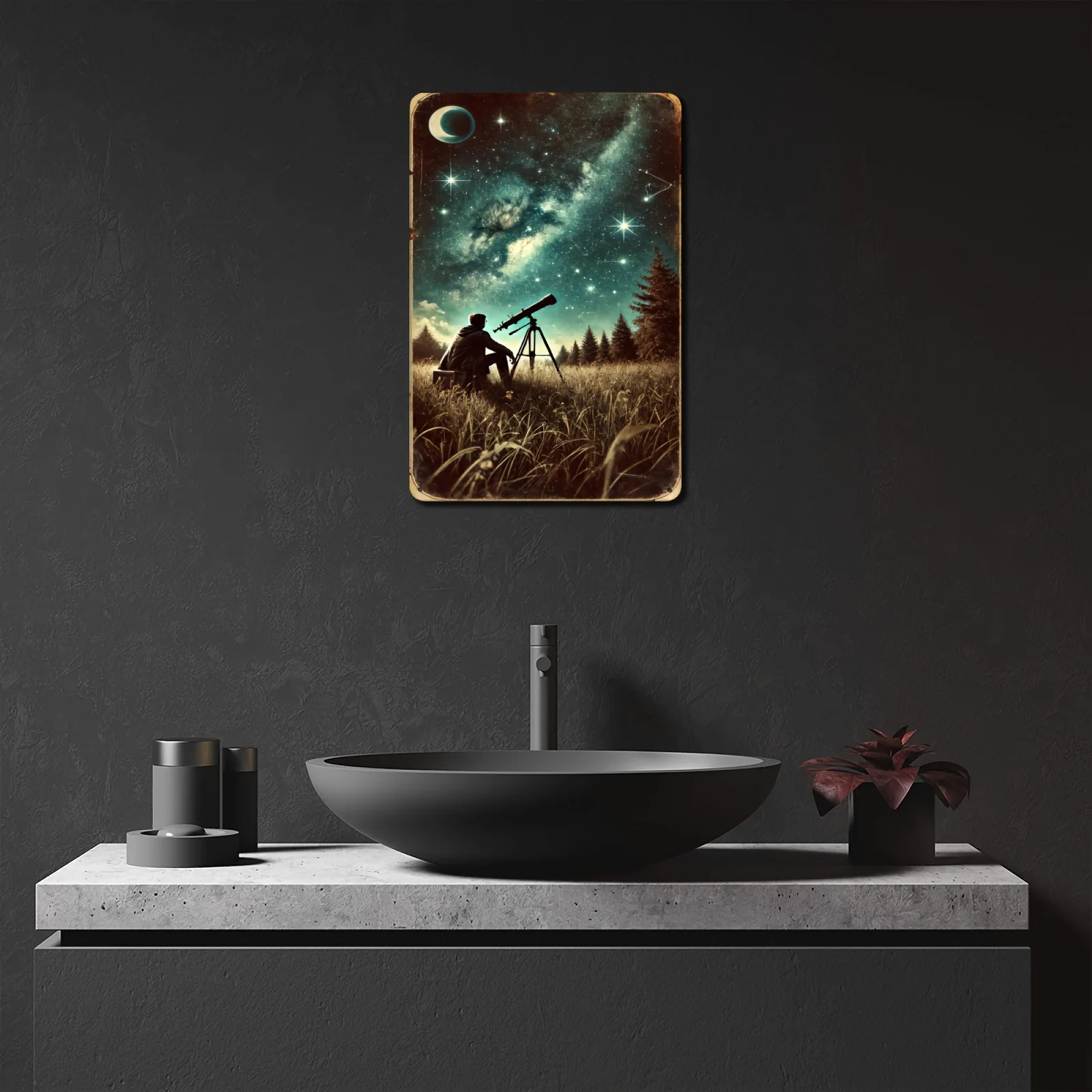 1PC American Lonely Starry Nights Vintage Metal Wall Decor - 8X12 Inch Tintype Oil Painting for Home and Office Decoration