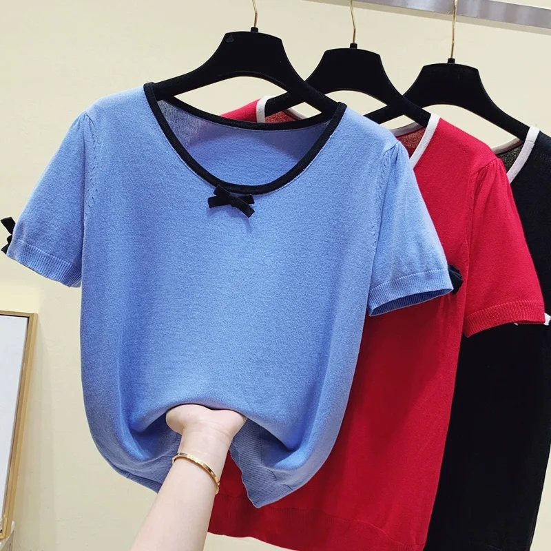 

Summer Black Bow Knit Sweater Tops Women Short Sleeve O Neck Loose Oversized Pullover Tshirt Stylish Streetwear Chic Knitwear