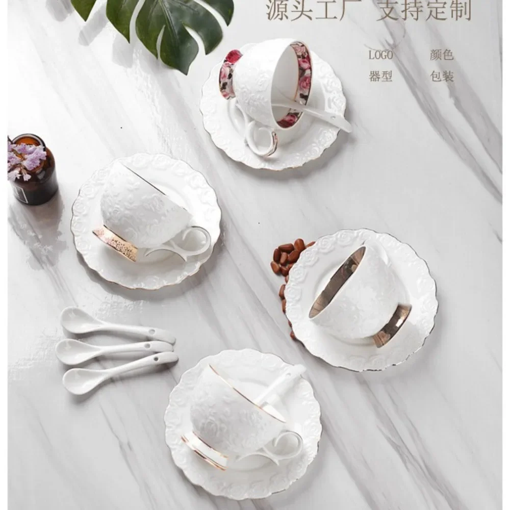 Embossed Flower Coffee Cups and Saucers with Golden Ceramic Cups with Cups Holding Milk Coffee Mugs Latte Flower Mugs 200ML