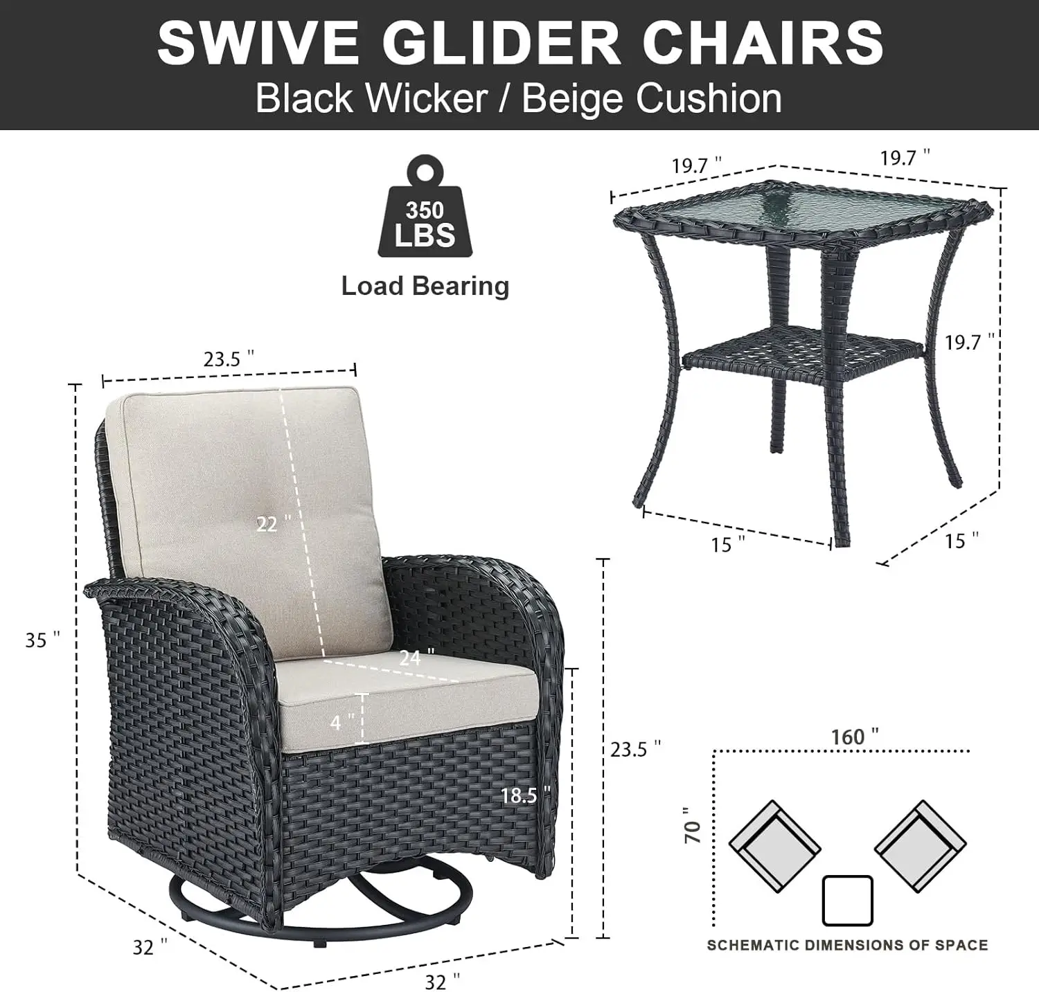 Outdoor Swivel Glider Cadeiras Rocker, Patio Furniture Set, Patio Bistro, Tempered Glass Side Table, para Balcony Porch