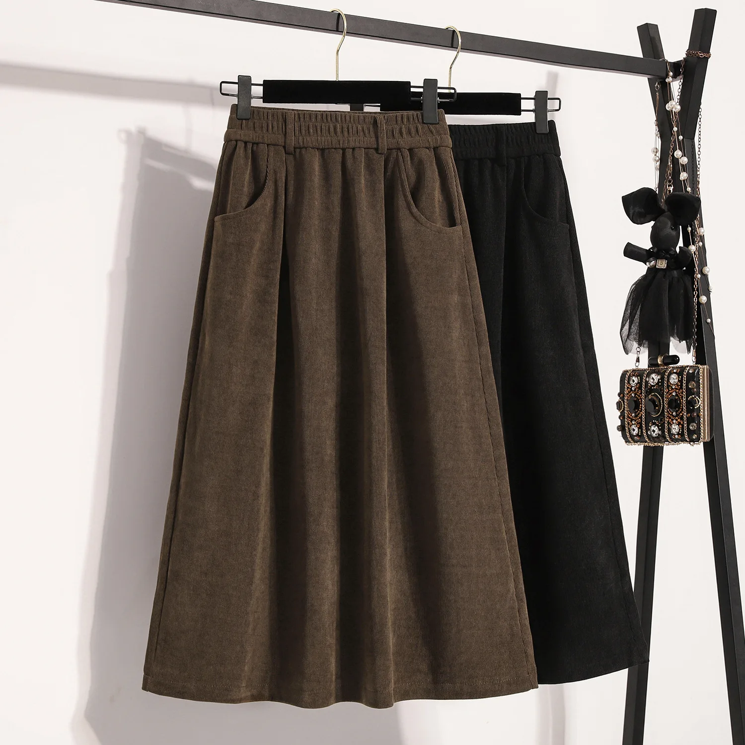 Retro Minimalism Black Corduroy A-line Skirt Women Spring Elastic High Waist Pockets Elegant Comfortable Chic Office Midi Skirts