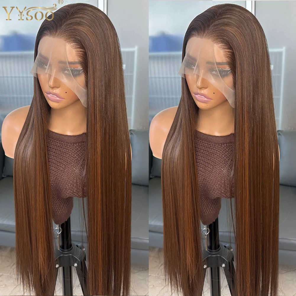 Long 30Inch 4/30 Highlights Silky Straight Futura Synthetic 13x4 Glueless Lace Front Wigs For Black Women Pre Plucked Hairline