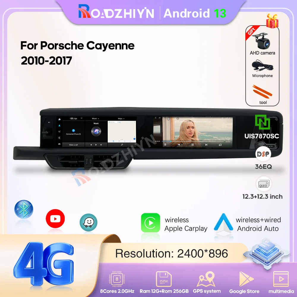 

12.3 "Dual screen Android13 Car Multimedia Video Player For Porsche Cayenne 2010-2017 GPS Navigation Radio Carplay 4G 360Camera