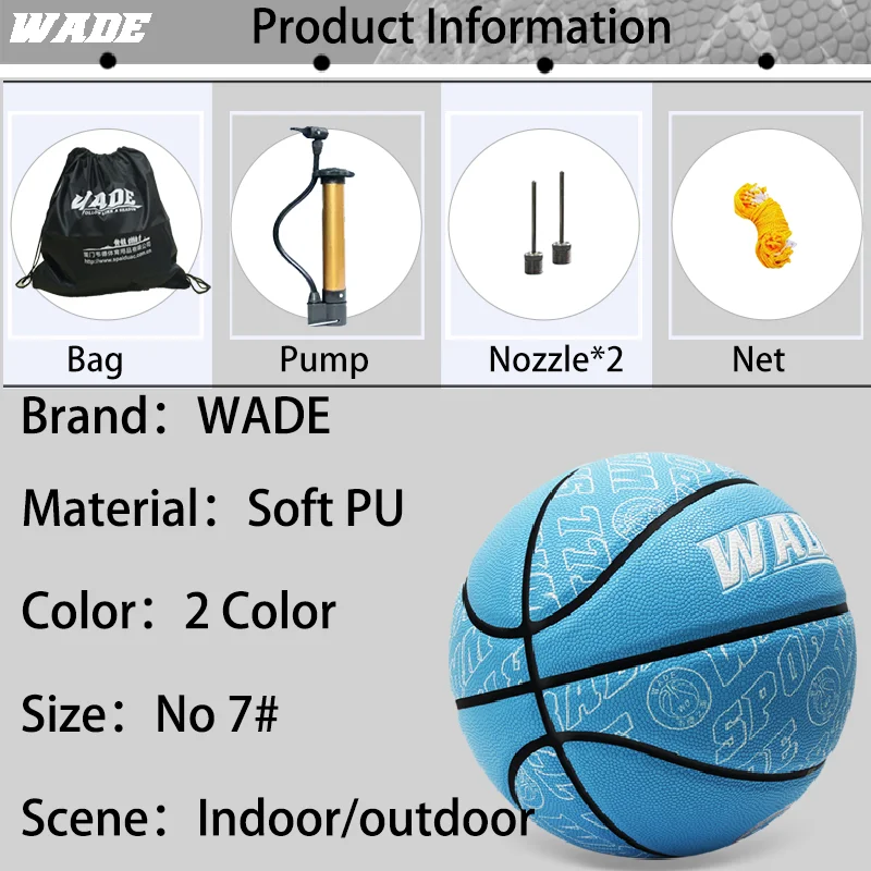 WADE Original 7# Adult Unisex Basketball Ball Soft PU Leather Basket Ball for Kids Indoor/outdoor Waterproof